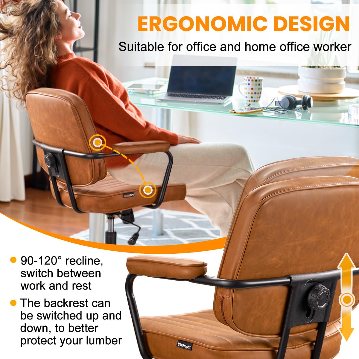 Artswish Mid Century Office Chair - Leather Desk Chair with Wheels, Arms, Swivel & Height Adjustable Ergonomic Computer Chair for Home Office, Brown