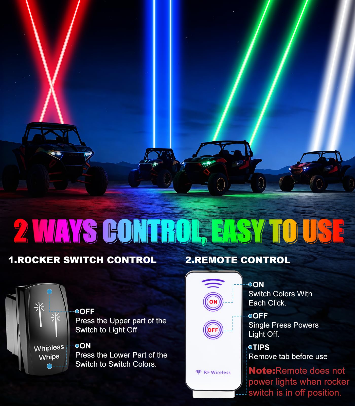 Drieaco 70mm RGBW Whipless LED Whip Lights for Side by Side with Rocker Switch & Remote & Pro-fit Roll Cage Mount, Alien Laser Antenna Light fit for UTV Can-Am Maverick Commander Polaris Ranger CFMOTO