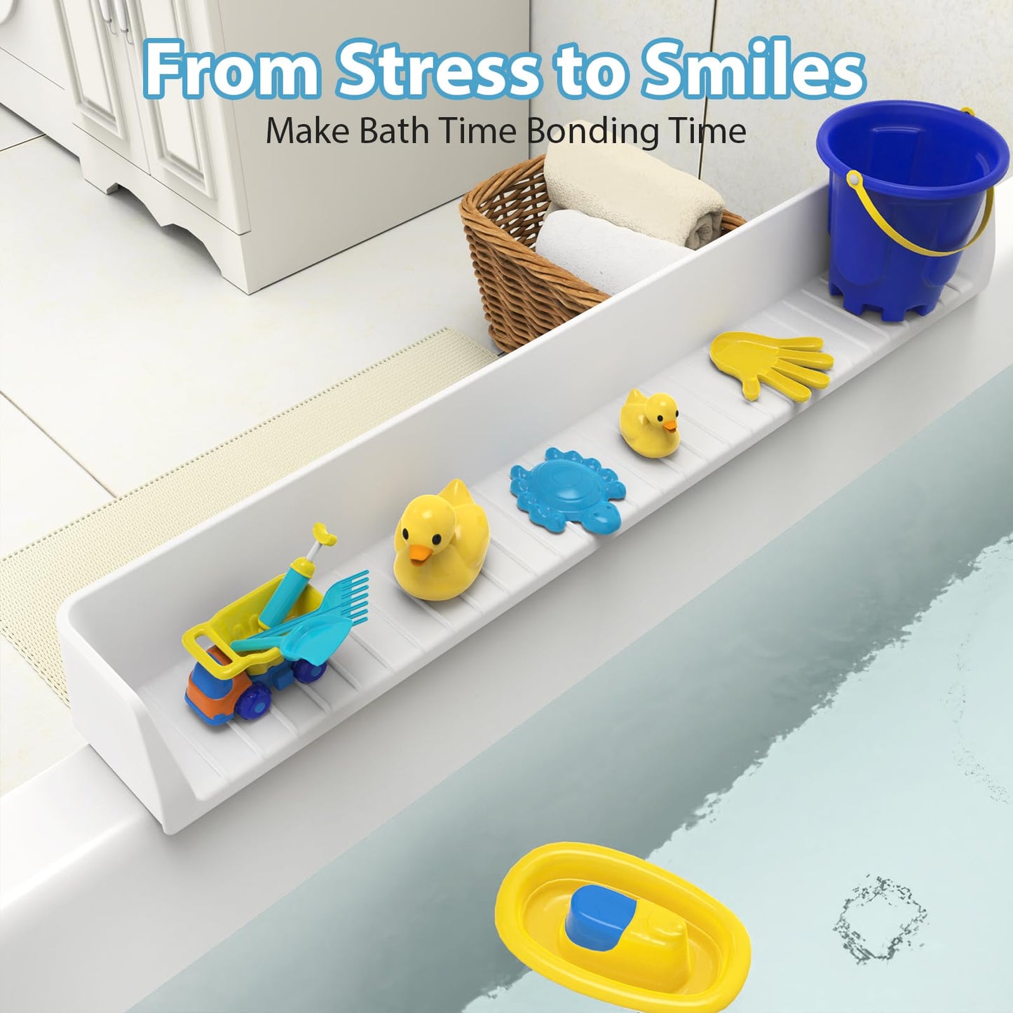 AyNirser Bathtub Splash Guard Play Shelf Over Tub 31” with Strong Suction Cups, Silicone Tub Water Guards Toy Tray Holder No Mess Water Spill in Bathroom-White