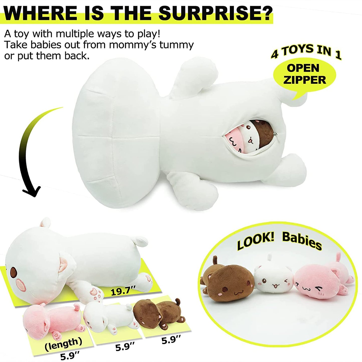 Onsoyours Cat Stuffed Animal Mommy 19.7" with 3 Kitty Plushies, 4 Piece of Cute Cat Plush Pillow Toys for Kids Girls Boys (White Cat Family)