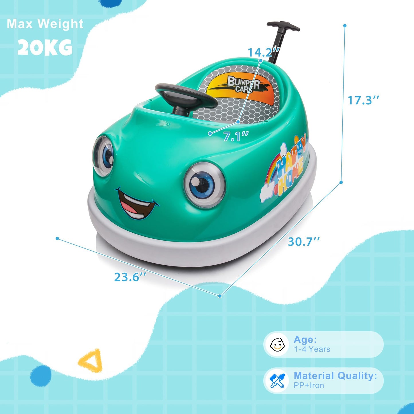 12V Dual Battery Electric Ride on Kids Bumper Car w/Remote Control,360 Degree Spin,Push Rod Rocker Horse Function,3-Speeds Babies & Toddlers Bumping Car Ride on Toy Gift for 1-4 Years Children（Green）