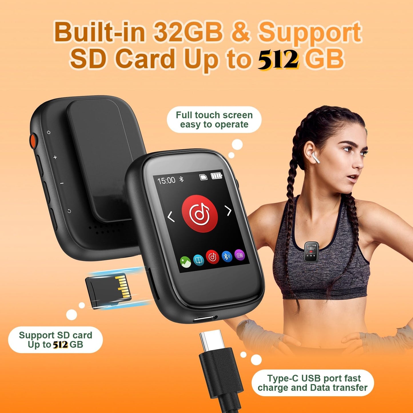 Portable Kids MP3 Player with Sports Clip, Small Music Player with Bluetooth 5.3, Touch Screen, Built-in Speaker, Voice Recorder, FM Radio, Expandable Storage up to 512GB(Black)