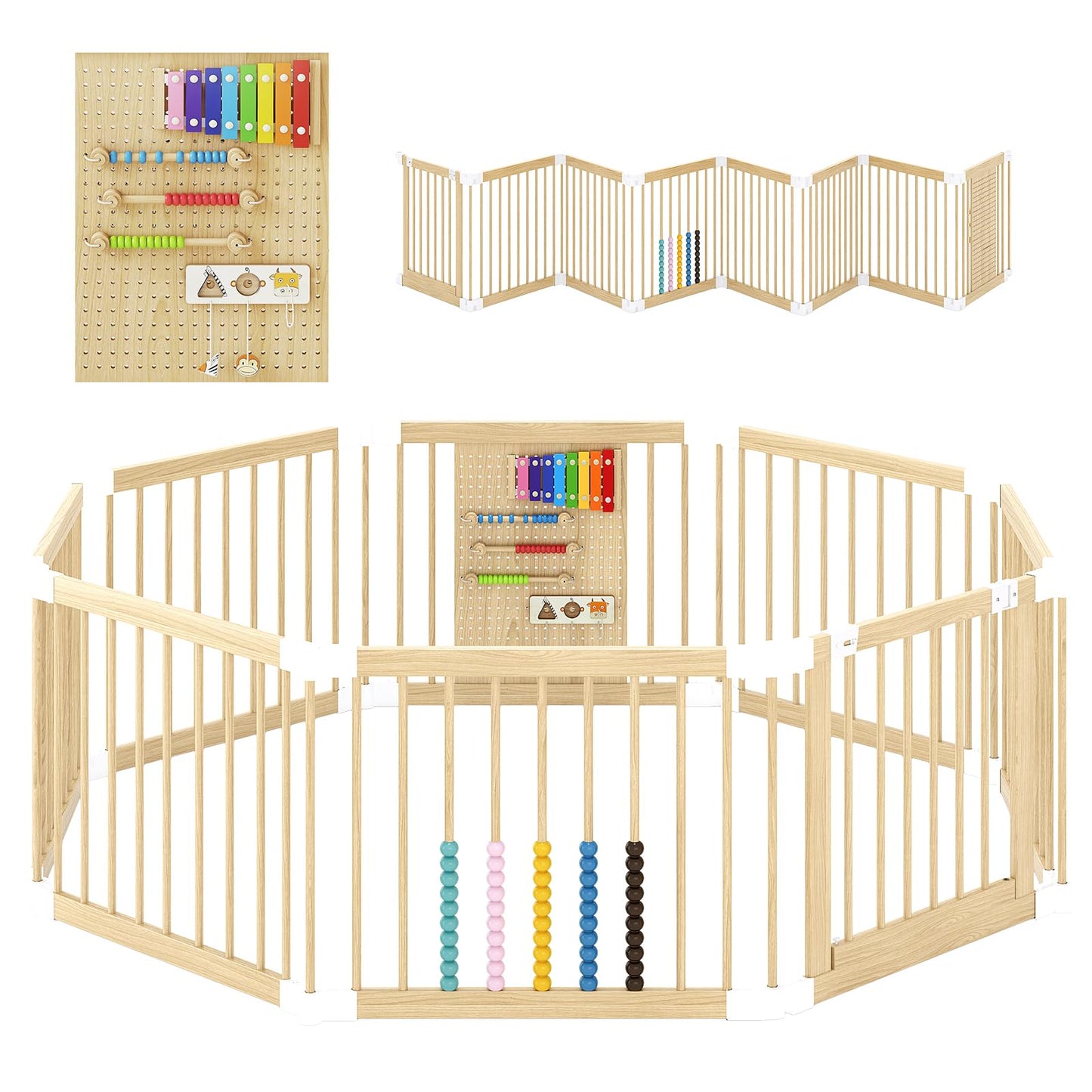 EXPERLAM Baby Playpen - Wooden Playpen for Babies and Toddlers, Foldable Play Pen with Locking Gate, Portable Baby Fence with Adjustable Shape and Size, Extra Large Toddler Play Yard (58X58x23.5Inch)