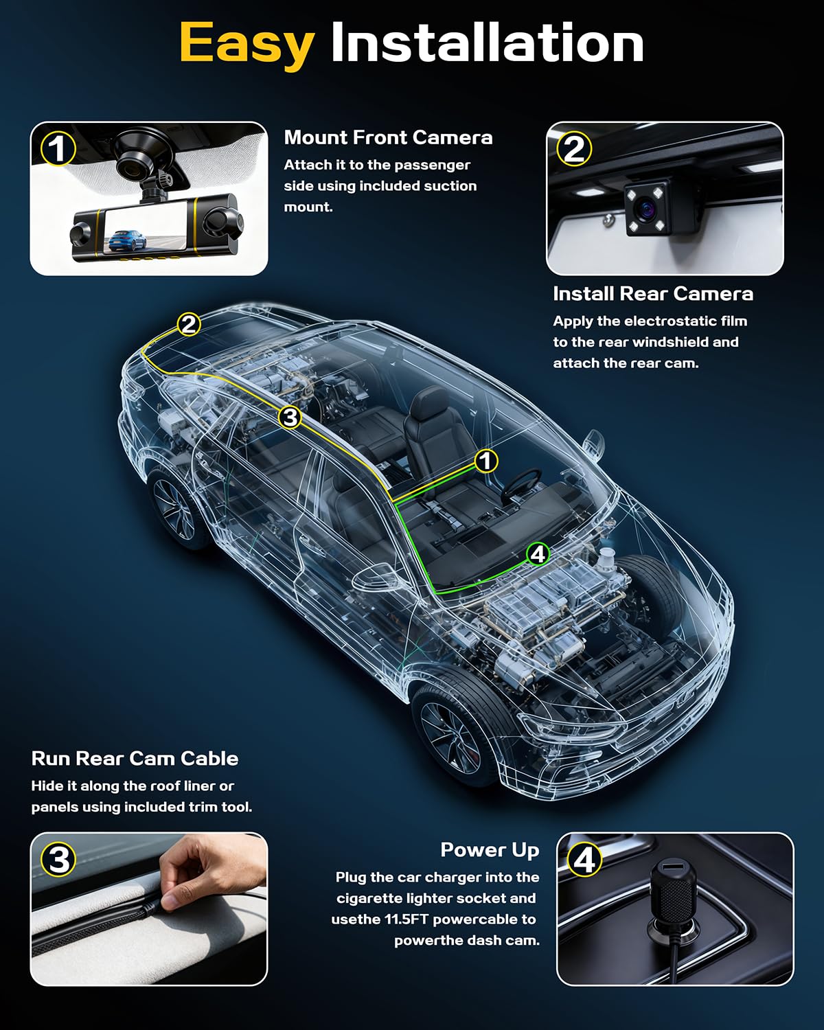 4 Channel 360° Dash Cam Front Rear Inside & Left Right,4K+1080P*3 FHD Car Camera,5GHz WiFi & App Control,8 IR Lamps Night Vision,24H Parking Mode,G-Sensor,Loop Recording,Includes 64GB SD Card（Black）
