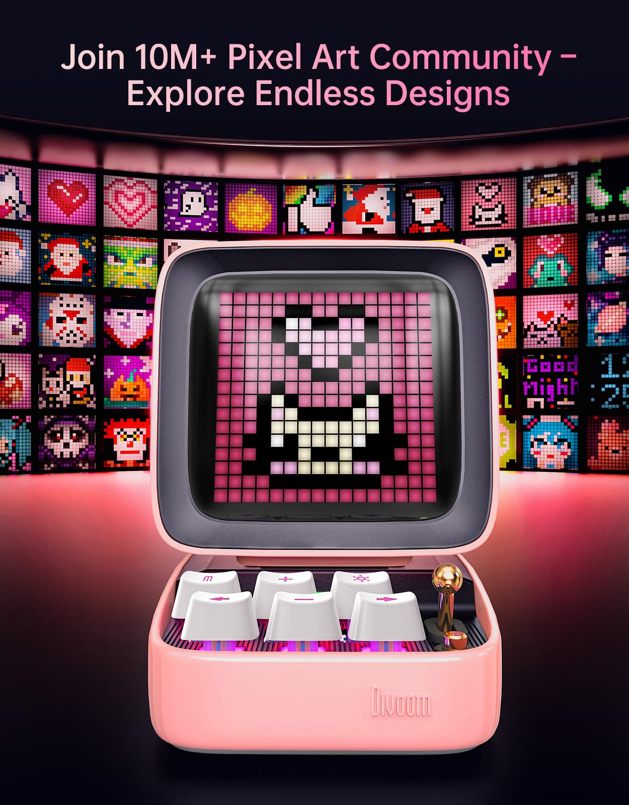 Divoom Ditoo Retro Pixel Art Game Bluetooth Speaker with 16X16 LED App Controlled Front Screen (Pink)