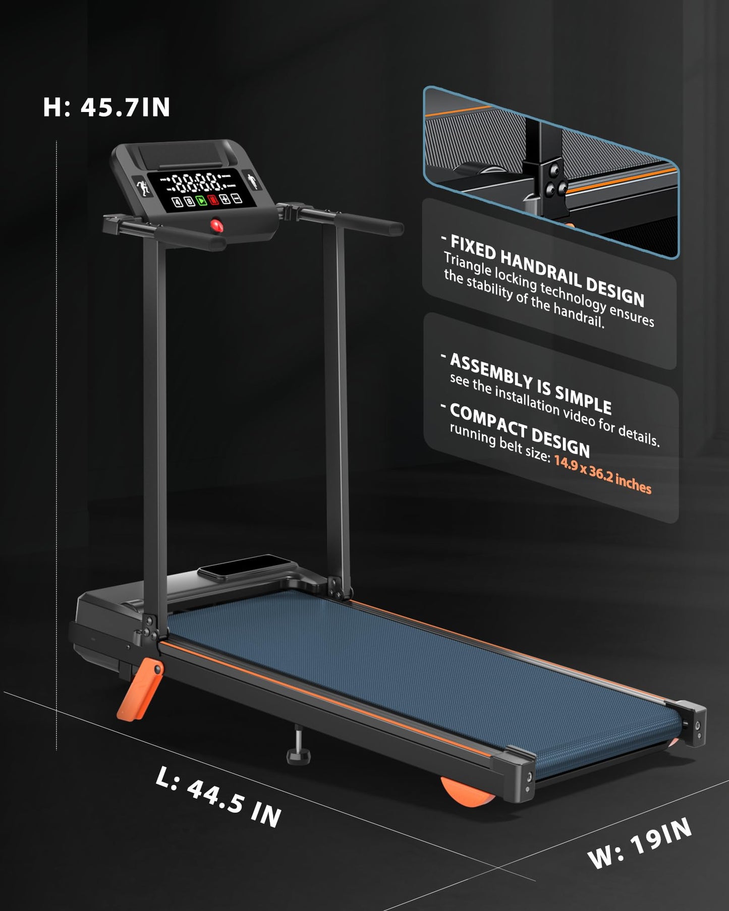 12% Incline Treadmill with Desk Workstation, 8.0MPH/3.5HP Portable Treadmill with Handle, 300LBS Weight Capacity Compact Walking Pads for Home, Small Spaces, Console (with Side Handrail)
