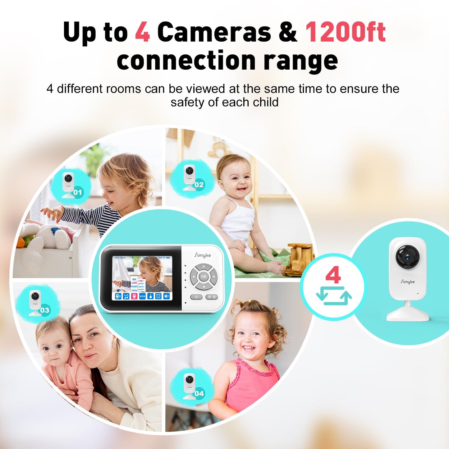 Simyke Upgrade Video Baby Monitor,WiFi Baby Camera,2.8" Display and App Control,1200ft Long Range,2 Way Talk,Auto Night Vision,Sound Alert,VOX,Temperature Sensor 5 Lullabies Feeding Remind,Home Use