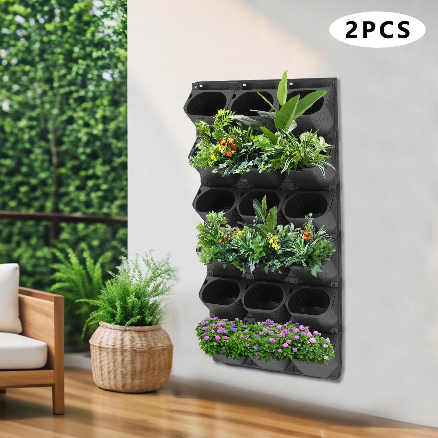 HAOREBAIYU Wall-Mounted Flower Pot Holder for Indoor Outdoor Use on Balcony, Patio, Garden (36-Slot Black)
