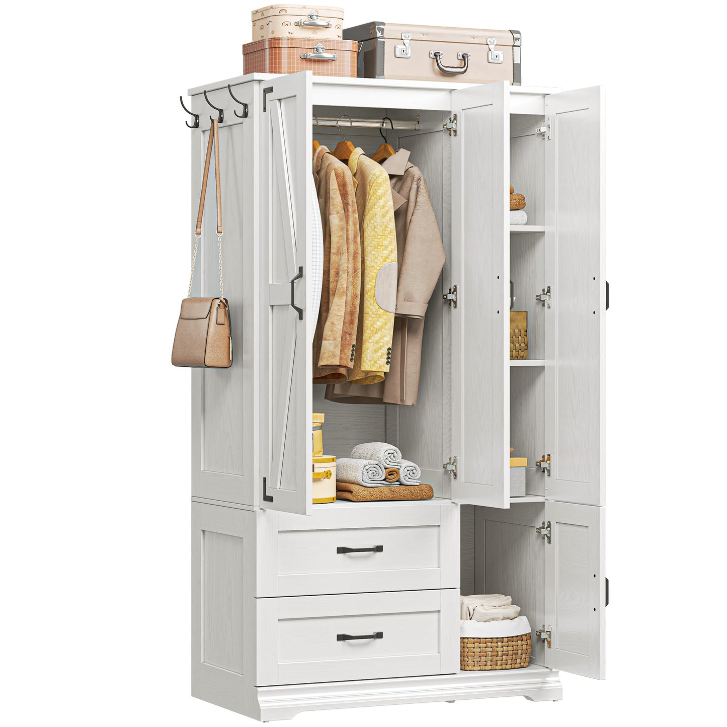 LIKIMIO Armoire Wardrobe Closet 71" H, Bedroom Wooden Wardrobe with 4 Doors and 2 Drawers, Farmhouse Clothing Storage Cabinet Combination with Hanging Rod, Shelves, and Hooks, White