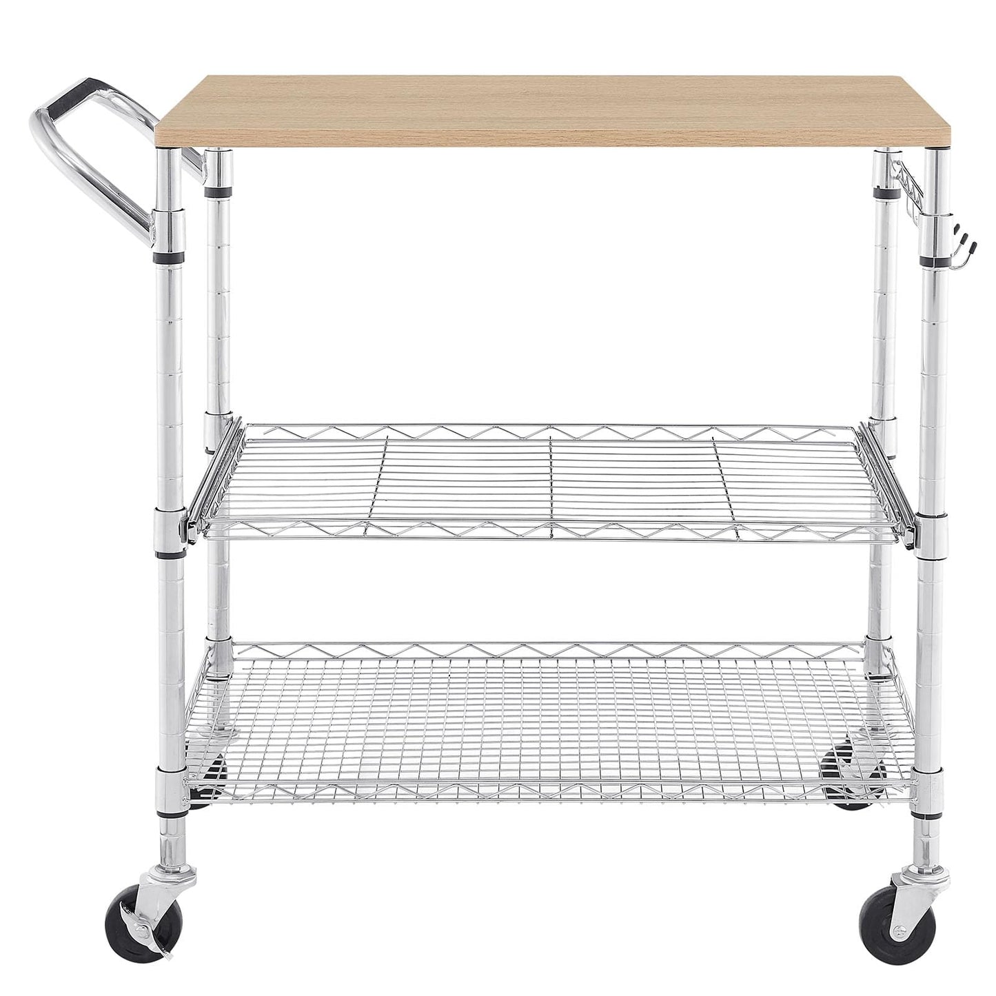 3 Tier Rolling Kitchen Cart with Wood Tabletop, Kitchen Island Carts with Wheels & Slider Shelf, Microwave Cart on Wheels, Coffee Cart with Hooks, 35.4" L*18.1" W*31.9" H，Wood+Chrome