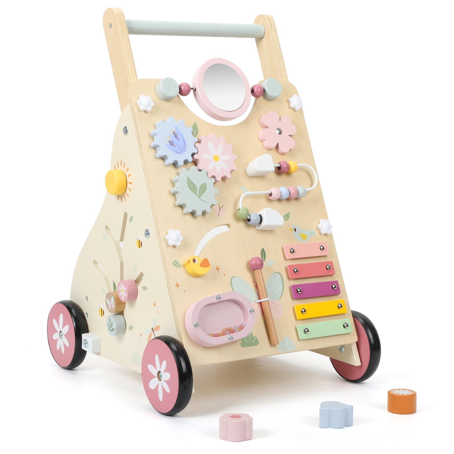 Pithfor Wooden Baby Walker, Baby Push Walker, Push Walker Toys for Babies Learning to Walk & Sit-to-Stand, with Montessori Sensory Toy & Activity Center for Girls Boys