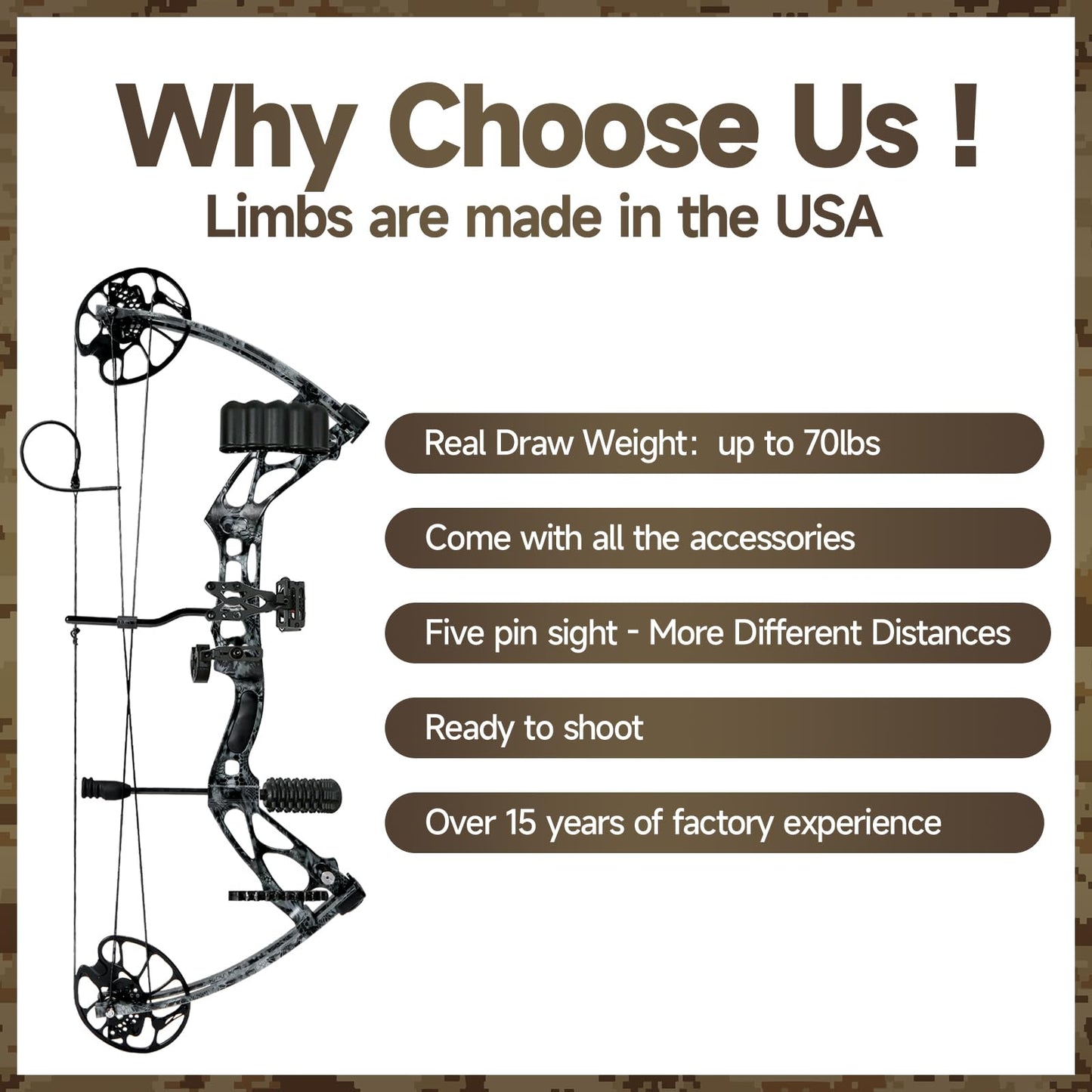 Wuxlisty Compound Bows Draw Weight 30-70lbs Ready to Shoot, Bow and Arrow Set for Adults, Archery Hunting Bow Set Come with All The Accessories (Camo)