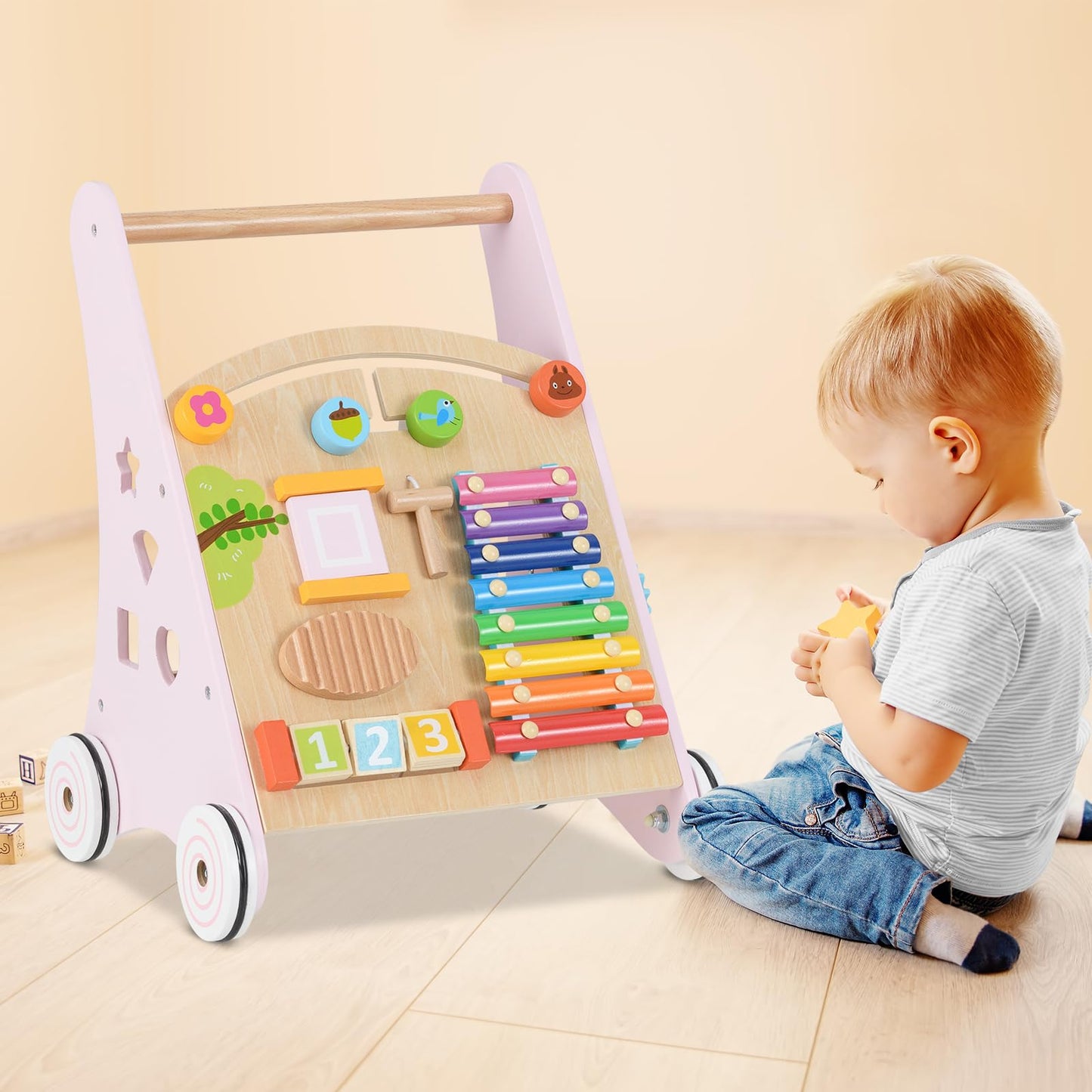 INFANS Wooden Baby Walker, Montessori Walker with Multiple Activity Toys, Storage, Push Walker Toys for Infant Learning to Walk, Sit to Stand Walker for Boys Girls