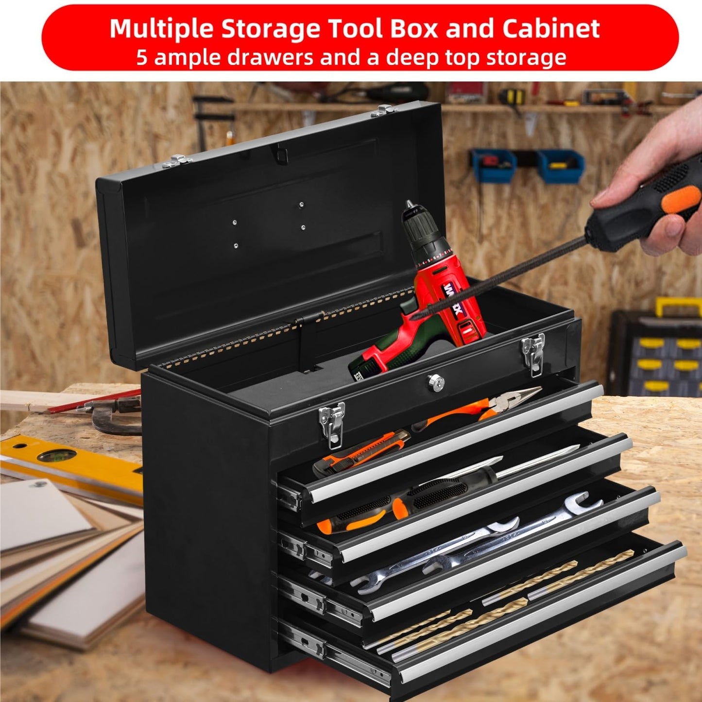 Portable Metal Tool Box with 4 Drawers - Heavy Duty Steel Tool Chest with Lock & Latch Closure for Garage, Warehouse, and Outdoor Repairs - Black
