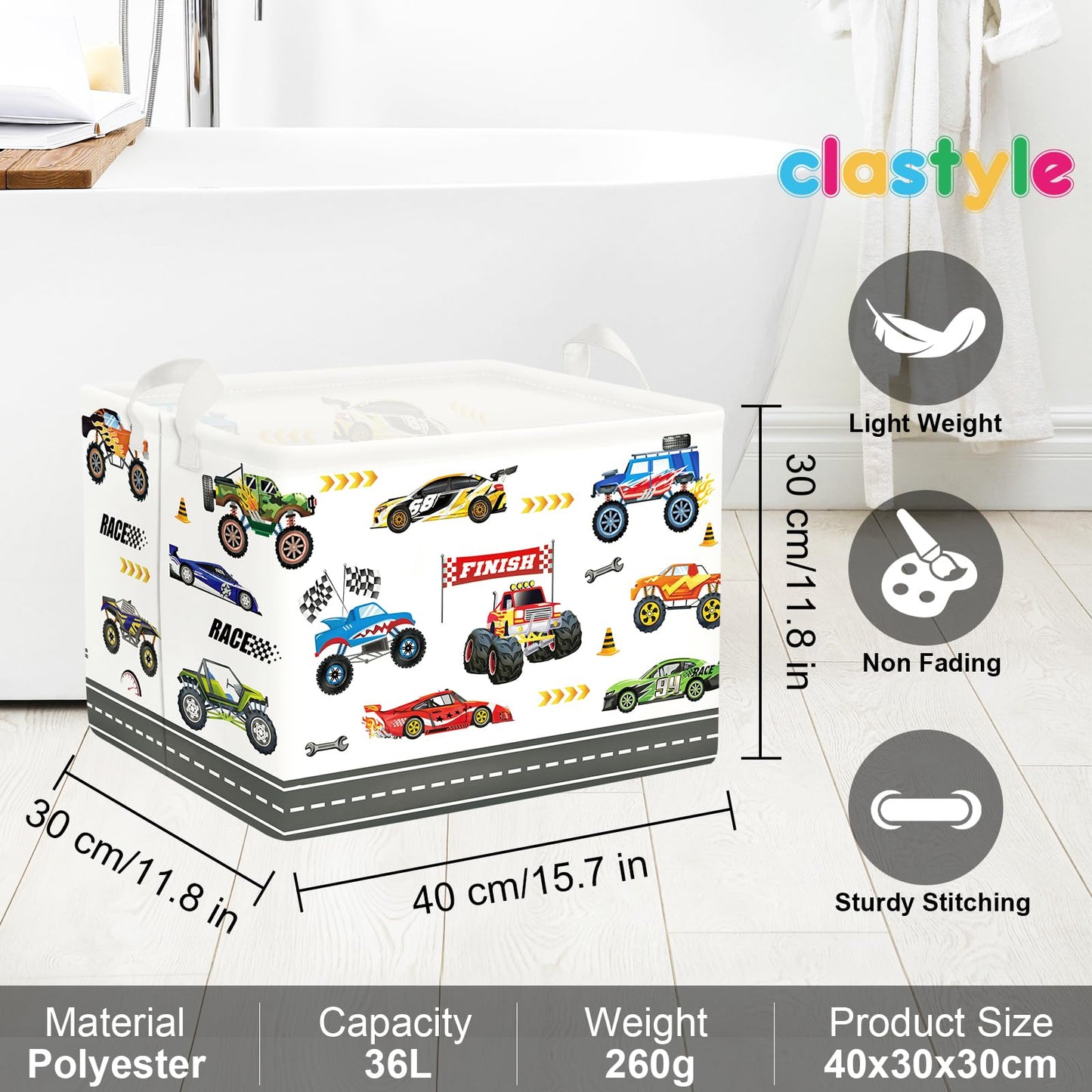 Clastyle City Car Baby Laundry Hamper Kid Storage Basket Boy Gift Toy Box Collapsible Clothes Organizer Nursery Bin for Bedroom,Monster Truck,40 * 30 * 30 cm
