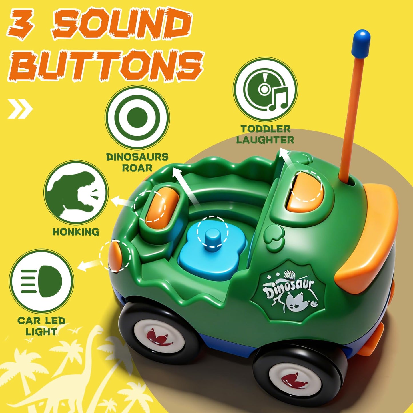 TOPLIVING 2-Pack Remote Control Dinosaur Car Toys for Toddler Ages 18+ Months, 2 3 4 5 Year Old, Dino RC Vehicle with LED Lights, Music, Christmas Birthday Gift for Boys & Girls