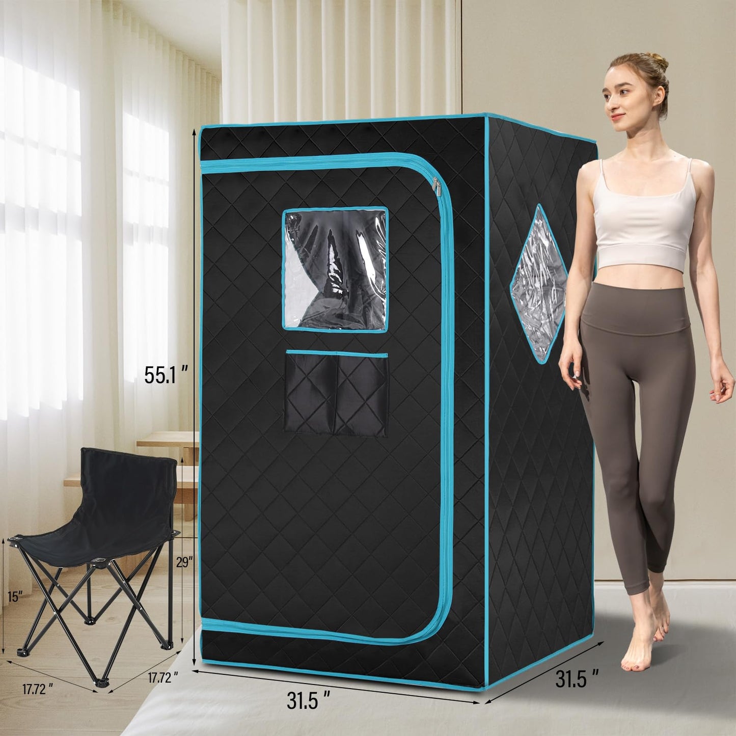 iDOTODO Full Size Portable Steam Saunas for Home Spa, Full Body Sauna Tent for Relaxation, 1500W & 4L Sauna Steamer Machine, Remote Control, Foldable Chair (Black)