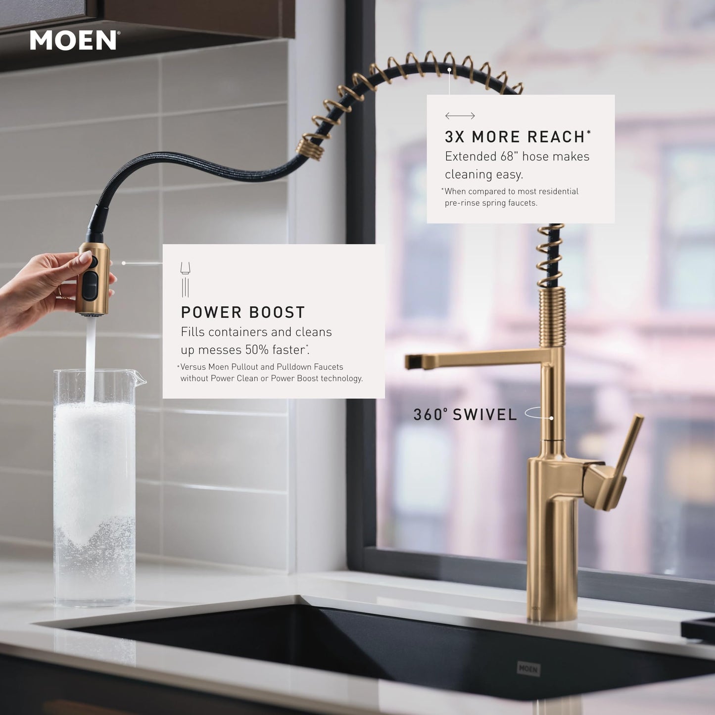 Moen Inara Bronzed Gold Spring Pulldown Kitchen Faucet with Pre-Rinse and Power Boost, Modern Kitchen Faucet, One-Handle Easy Installation, 87863BZG