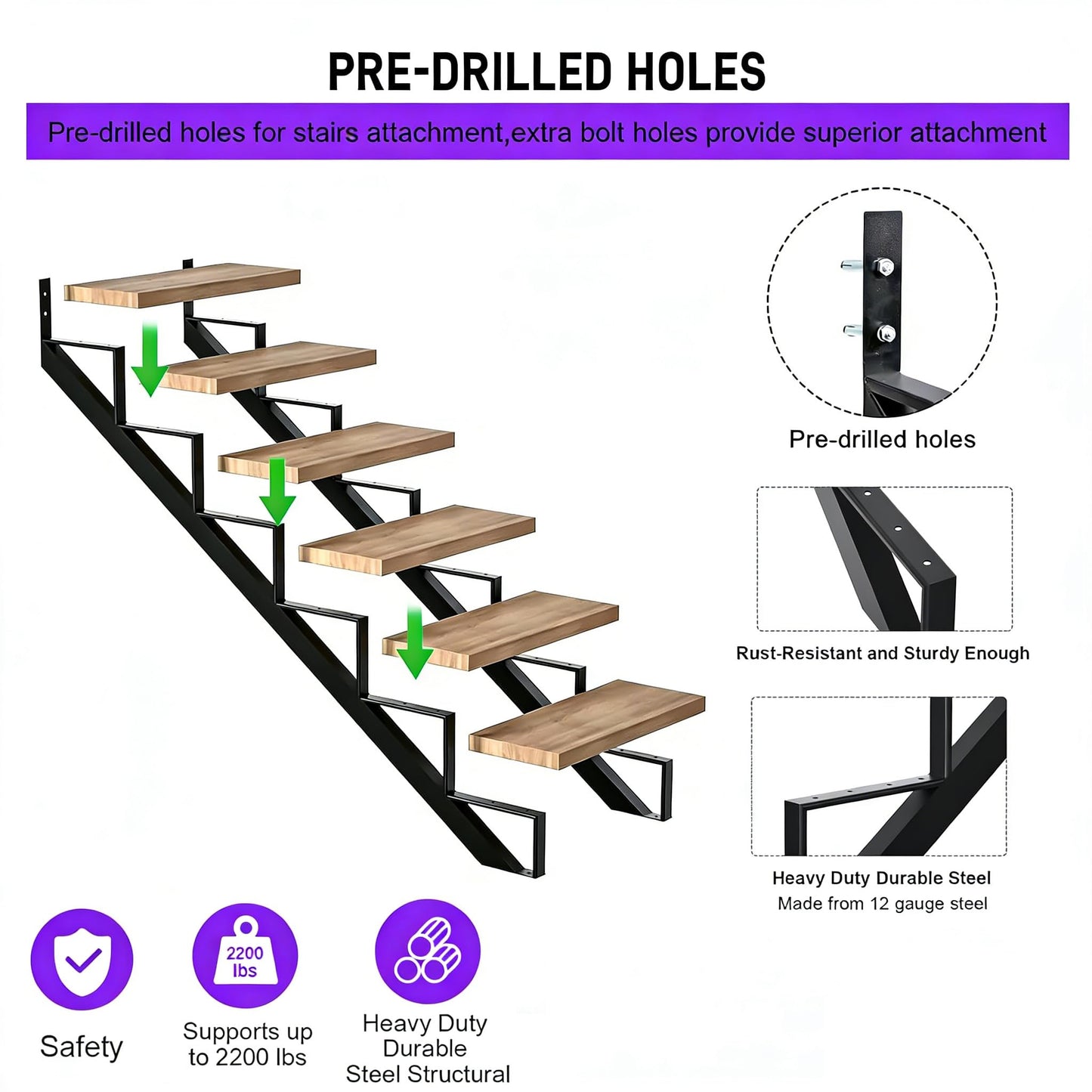 2 Packs Black Metal Stair Step Stringers, 9-Step for Deck Height 72 Inches Stair Stringer for Outdoor Wooden Tread