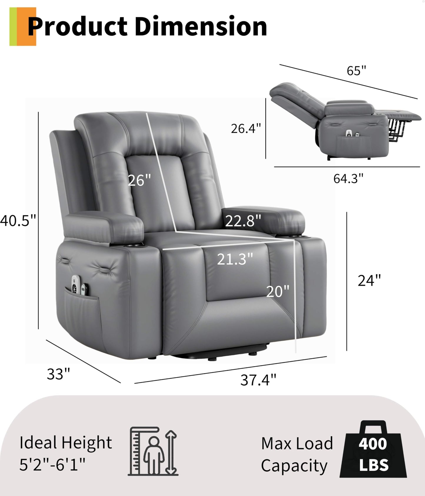 GarveeHome Power Recliner Chair - Heat and Massage, Adjustable Electric Recliner Ergonomic PU Leather Single Sofa, Tall Back, Padded Seat, Lazy Chair for Living Room