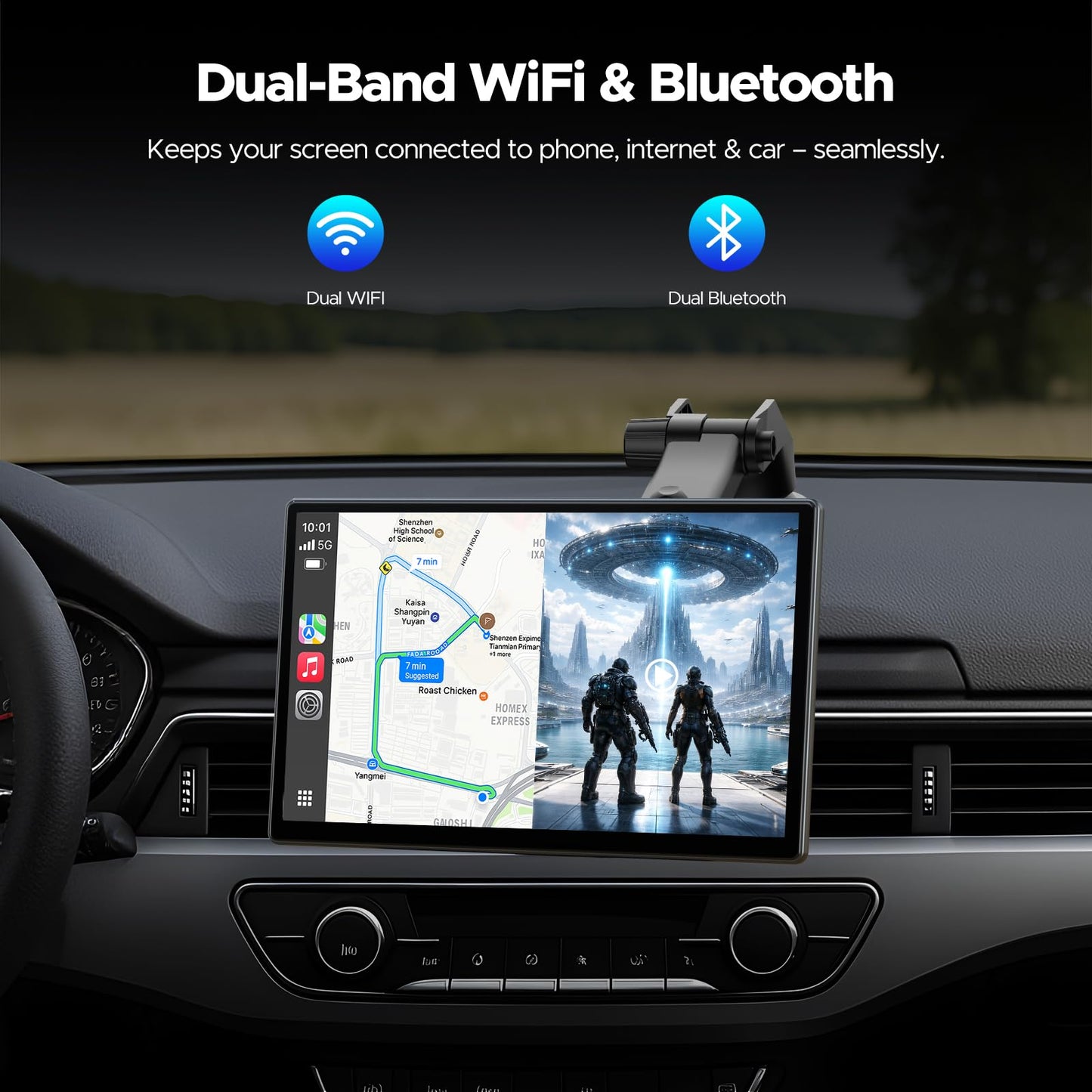 Volam 9'' Carplay Screen with Net-Flix YouTube and AHD Backup Camera Upgraded Wireless Android Auto Screen Portable AI Magic Video Box Built-in Apps Voice Control Car GPS for iOS 10+ Android 11+