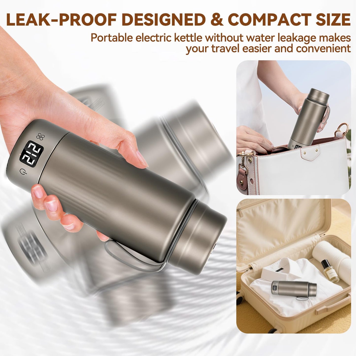 Pure Titanium Travel Kettle,Dual Voltage Portable Electric Kettle 110V-240V Smart Small Water Boiler for Tea & Coffee,12 Temperature Control,Auto Shut Off & Boil Dry Protection (Gray,380ML)