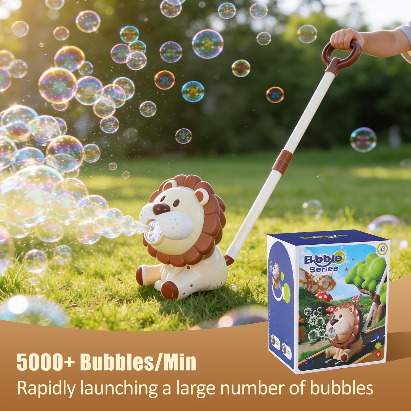 Lion Automatic Bubble Machine for Toddler Kid Toy 1 2 3 4 5 6 7 8 1yr Year Old Little Girl Boy Gift Lawn Mover Maker Blower Summer Outdoor Push Toys Rechargeable Easter Christmas Birthday Present