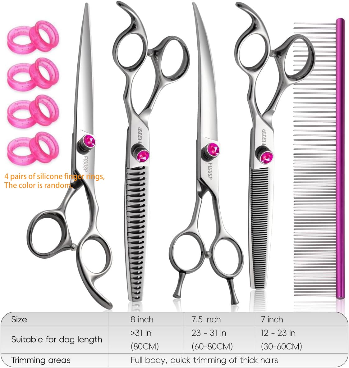 FOGOSP Dog Grooming Scissors Kit 7 in Professional Curved Thinning Straight Chunkers Shears and Comb 5pcs Set for Grooming Dogs Cat Pet Japanese 440C Stainless Steel(7.0'',Kit)