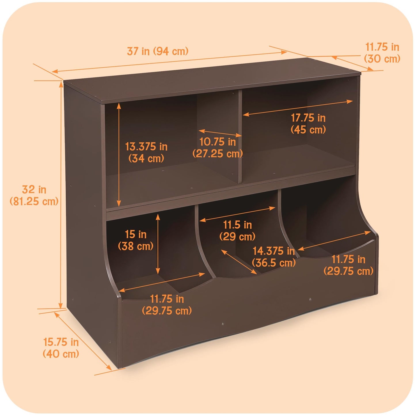 Badger Basket Multi-Bin Toy Storage Organizer and Bookshelf - Kids Cubby Shelf with 3 Bins, 2 Open Shelves, Top Display Surface - Wood Storage Unit for Playroom or Bedroom - Espresso
