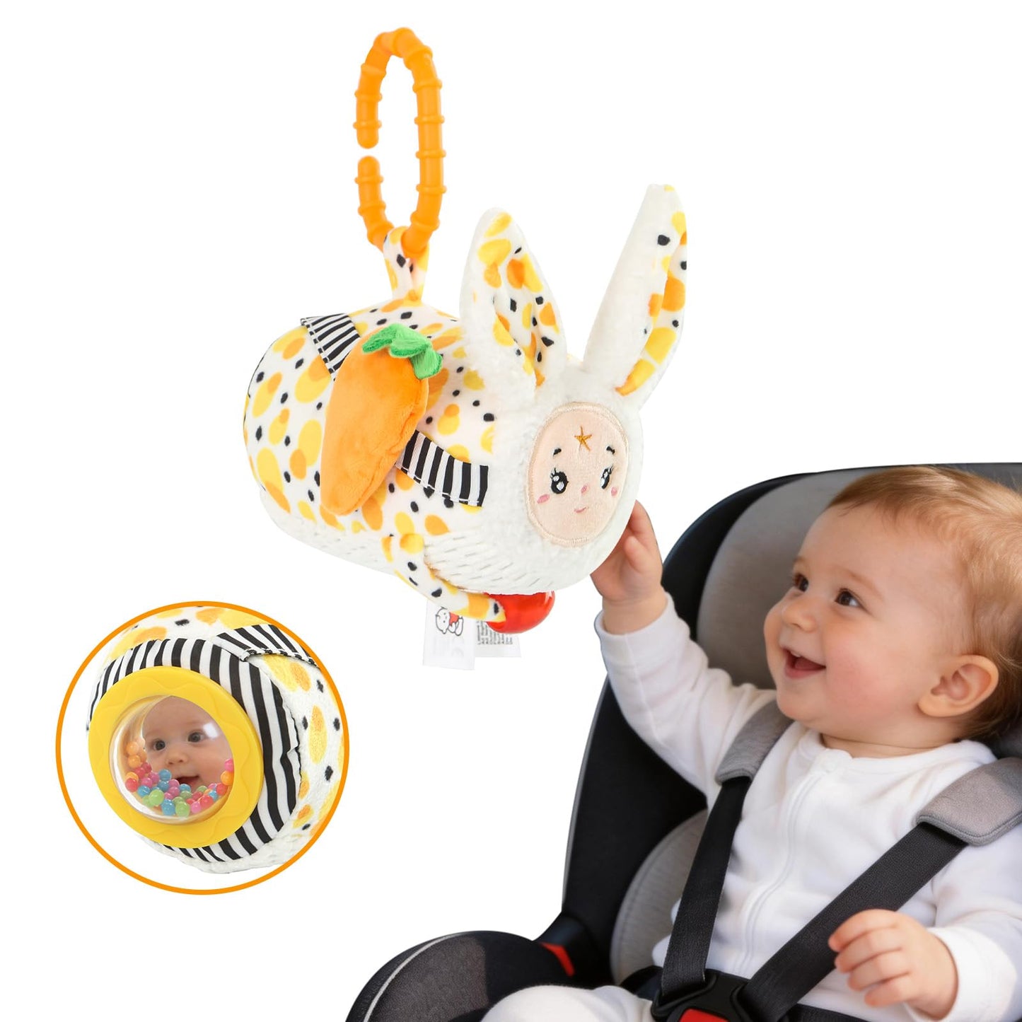 littlove Baby Car Seat Toys Hanging-Carseat Bunny Cube Toy, Infant Sensory Toys for 6 7 8 9 10 11 12 Months, Travel Activity with Rattle, Montessori Plush Newborn Girl Boy Gifts
