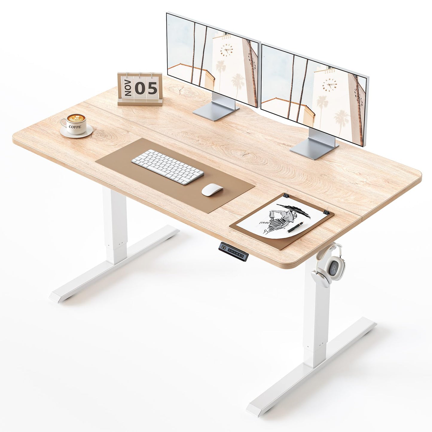 BANTI 55 × 28 Inches Standing Desk, Ergonomic, Electric Height Adjustable, Sit and Stand Up, Computer Desk with a Deeper Desktop, White Frame/Maple Top