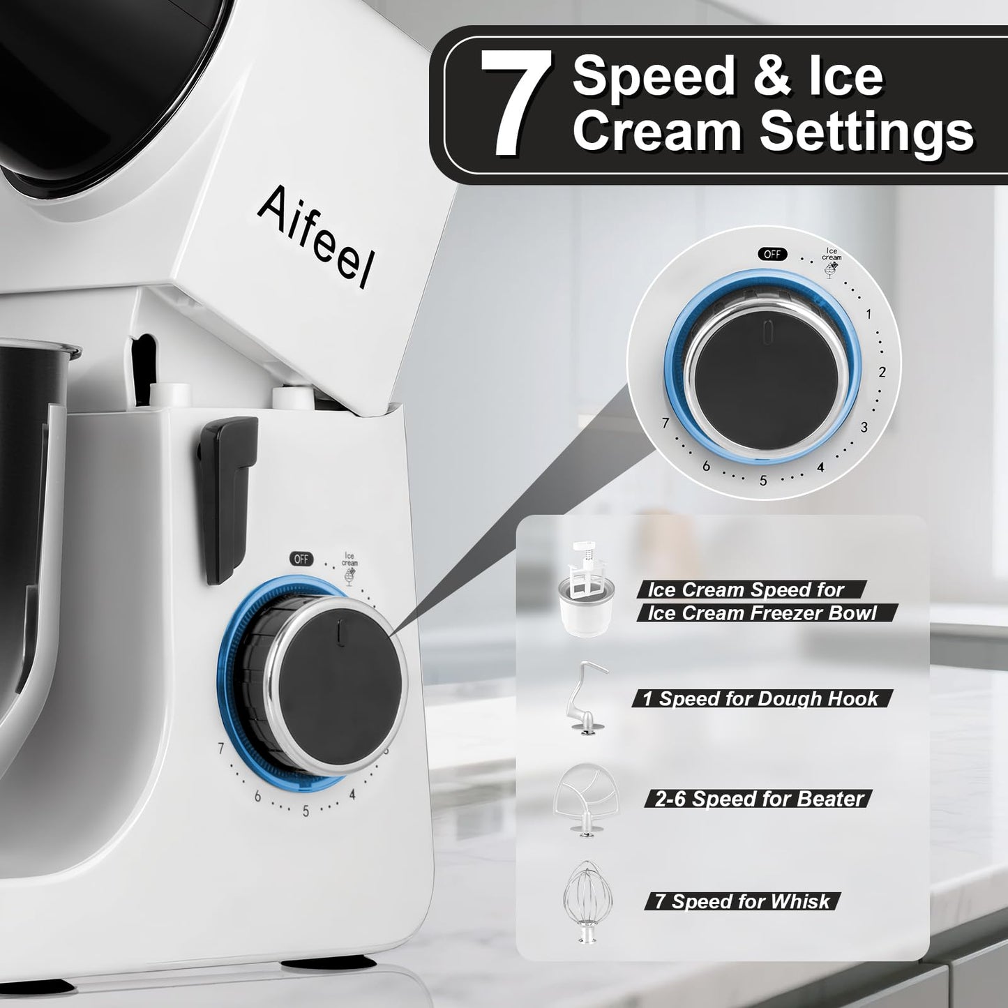 Aifeel Stand Mixer, 6.5QT Mixer with Ice Cream Maker Attachments, Kitchen Electric Mixer Multifunctional Bread Dough Mixer with Dough Hook,Whisk & Beater, Food Mixer for Baking (Black-White)
