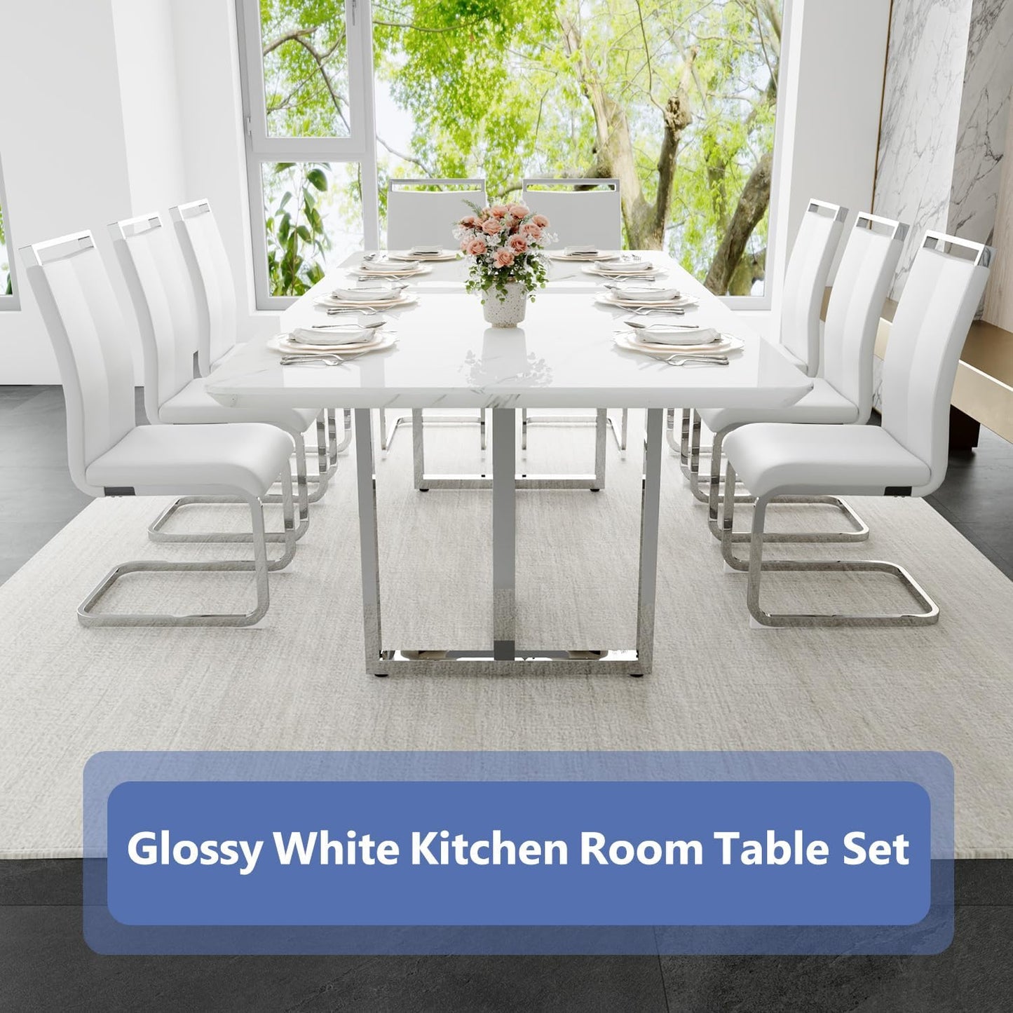 JUFU Dining Room Table Set for 8, Dining Set for 8 with 79'' Faux Marble Tabletop and Sturdy T-Shape Leg, White Rectangle Dining Room Set for 8 PU Chairs, Perfect for Dining Room and Kitchen