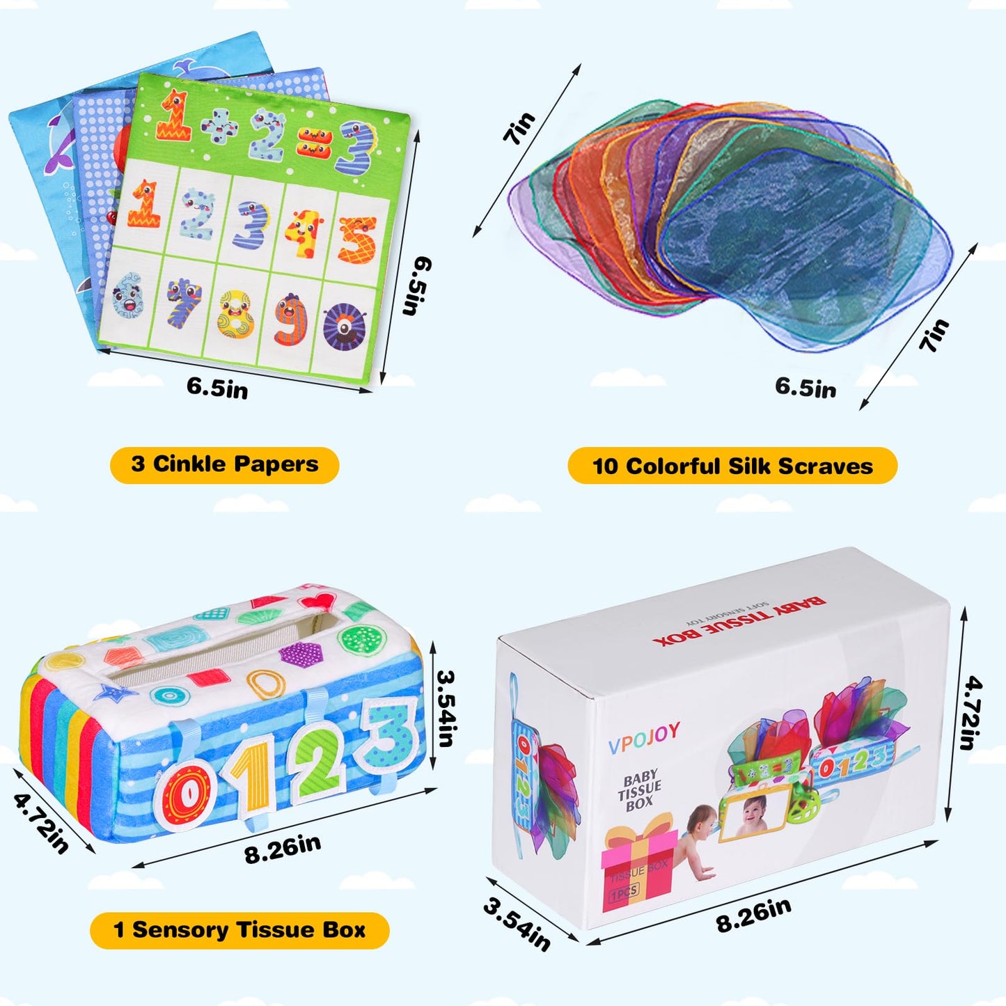 VPOJOY Baby Tissue Box Toy, Soft Montessori Tissue Box Baby Toys 6 to 12 Months, High Contrast Crinkle Paper Sensory Silk Scarves Toys for 1 Year Old Boys Girls Kids Early Learning Gifts
