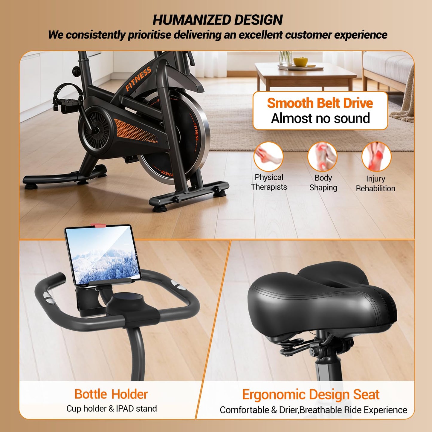 UMAY Exercise Bike,Brake Pad Stationary Bike for Home with 0-100 Resistance & App, Silent Belt Drive Stationary Workout Bike for Home with Comfort Seat, Low Noise Indoor Cycling Bike with Heart Rate / Tablet & Bottle Holder, 300 LBS Capacity