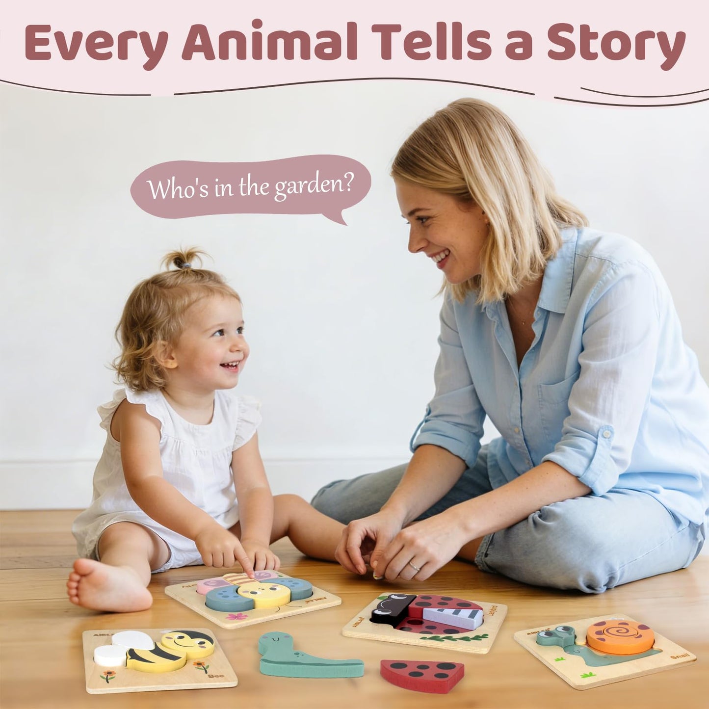 Wooden Toddlers Puzzles Animals Shape Puzzle Educational Toys Gift for Boys Girls Baby Travel Daycare Portable Toy with Drawstring Bag Pack of 4