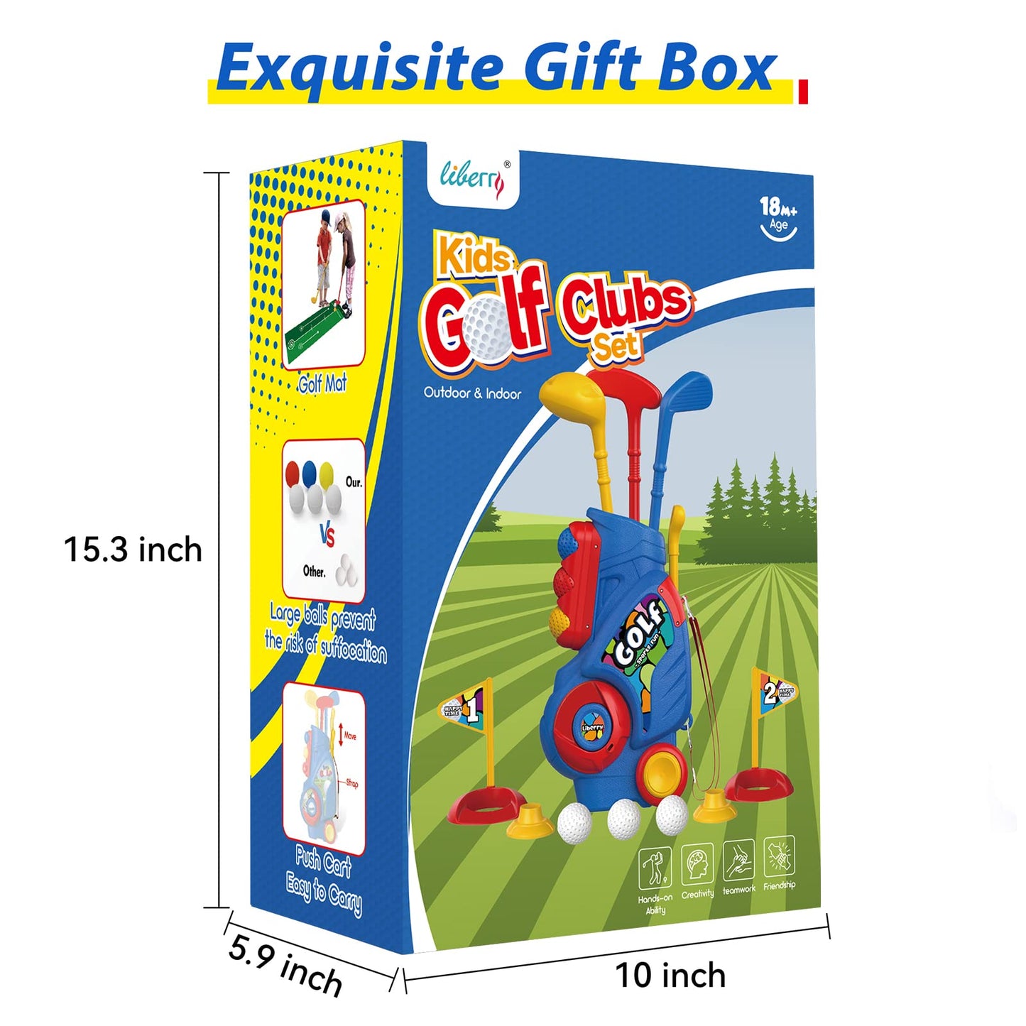 Liberry Toddler Golf Set with Putting Mat for 2 3 4 Years Old Boys Girls, Upgraded Kids Golf Cart with Unique Shoulder Strap Design, Indoor and Outdoor Golf Toys Gifts