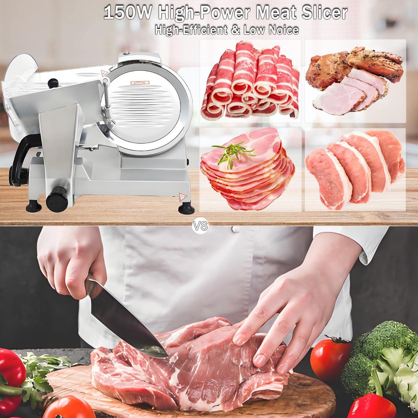 CTJ Commercial 10" Meat Slicer Electric Food Slicers 150W Meat Cutter Machine for Commercial and Home Use with Cut-Resistant Gloves for Cutting Deli, Vegetables, Hard Bread, Cheese, Ham