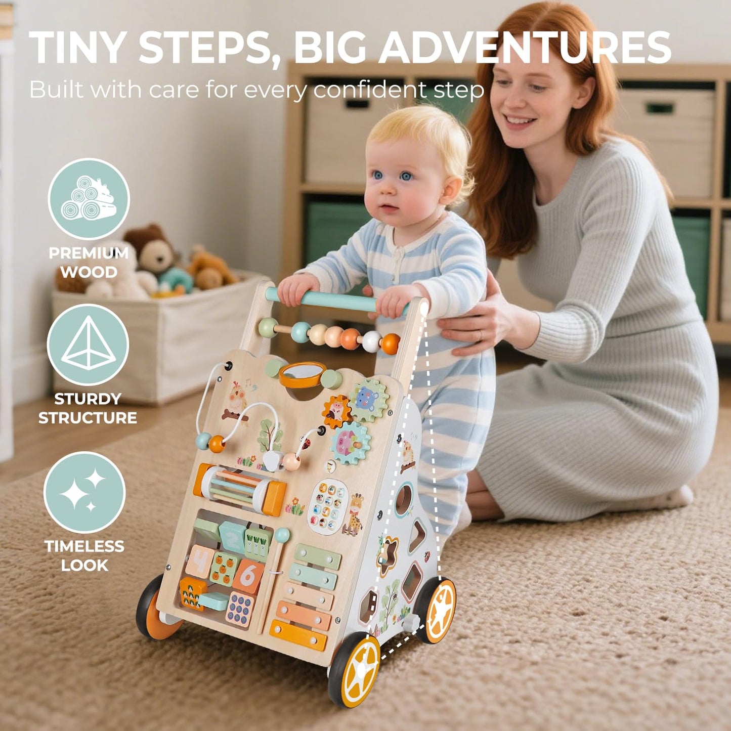 Baby Push Walker, Wooden Baby Walker with Wheels, Montessori Activity Center for 1 2 3 Years Old Boys Girls, Adjustable Speed & Height Push Toy for Toddler Learning to Walk, Kids Development Gift