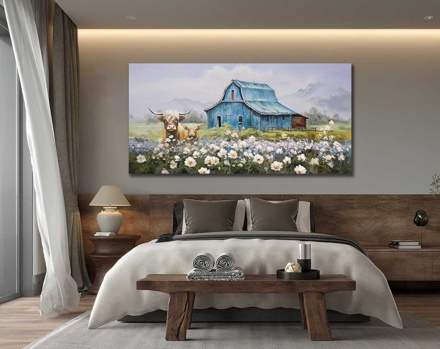 Anolyfi Highland Cow Farmhouse Wall Art for Living Room, Blue Barn Paintings Warm and Cozy Decor for Bedroom Dining Room Home Hallway, Framed 58"x29"