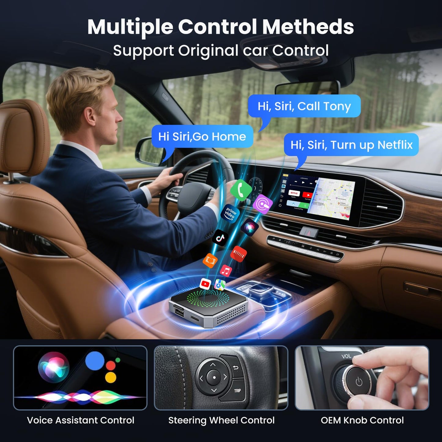 5-in-1 Wireless CarPlay & Android Auto Adapter with Netflix/YouTube, [Supports 4K HDMI Output & Screen Mirroring] - Plug & Play Car Play Wireless Smart AI Box for Cars with OEM Wired CarPlay/Auto