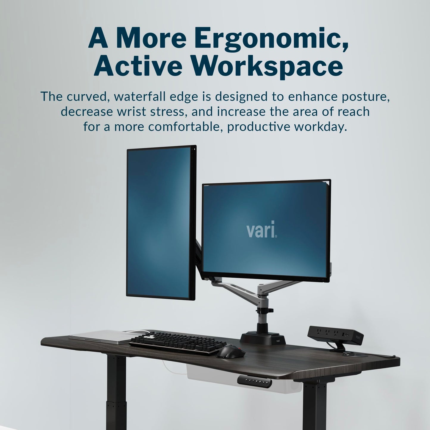 Vari Ergo 54x26 Electric Standing Desk – Height Adjustable Sit Stand VariDesk + Curved Waterfall Edge, 4 Memory Settings, Quick Assembly, Cable Management, 200 lb Capacity – Espresso (2 Boxes)