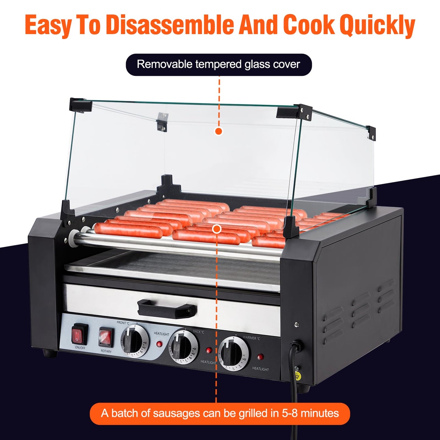 ACONEE Hot Dog Roller, 9 Rollers 24 Hot Dogs Capacity 1650W Stainless Sausage Grill Cooker Machine with Removable Oil Drip Tray Dual Temp Control and Glass Hood Cover, Perfect for Commercial and Party