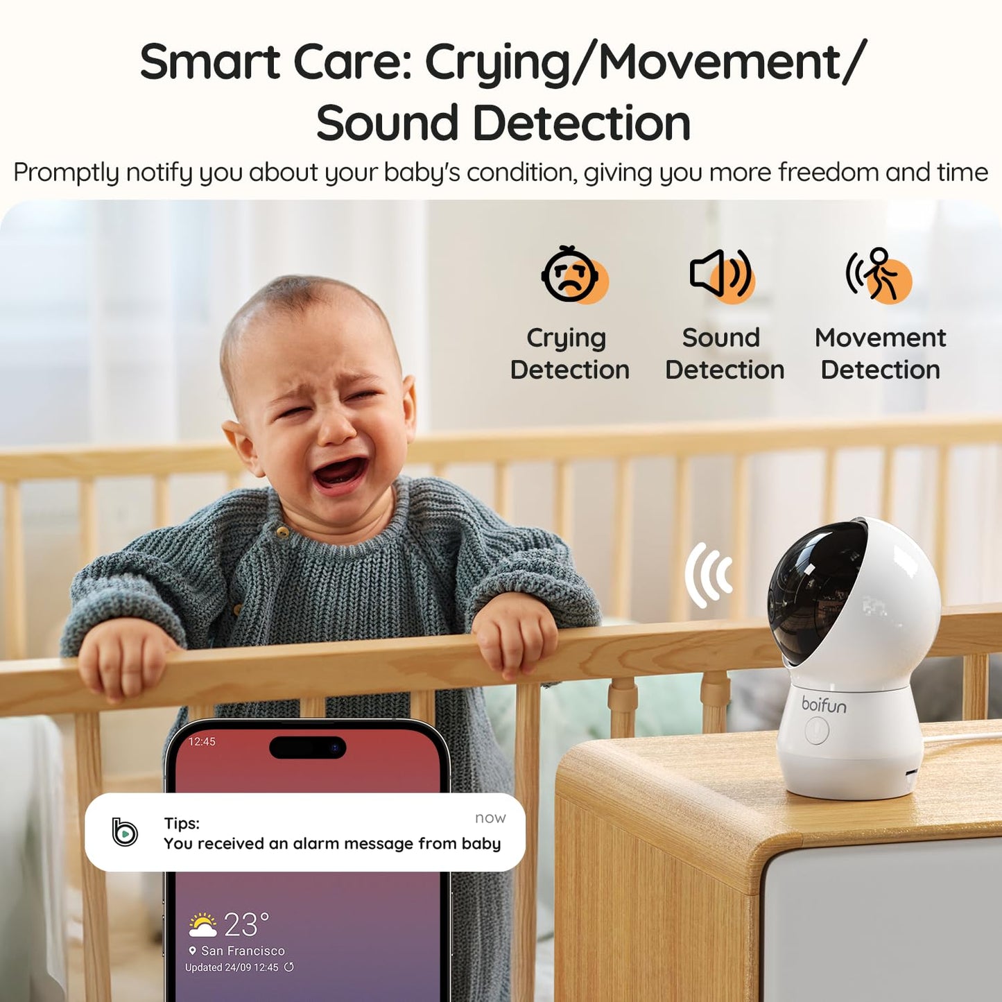 BOIFUN 5.5" AI 4MP WiFi Baby Monitor with Camera and Audio Pro Max: Smartphone App and Monitor Control, Upgrade AI Detection (Tummy Sleeping & Face), Colorful Night Light, 360° Camera, Sound Detection