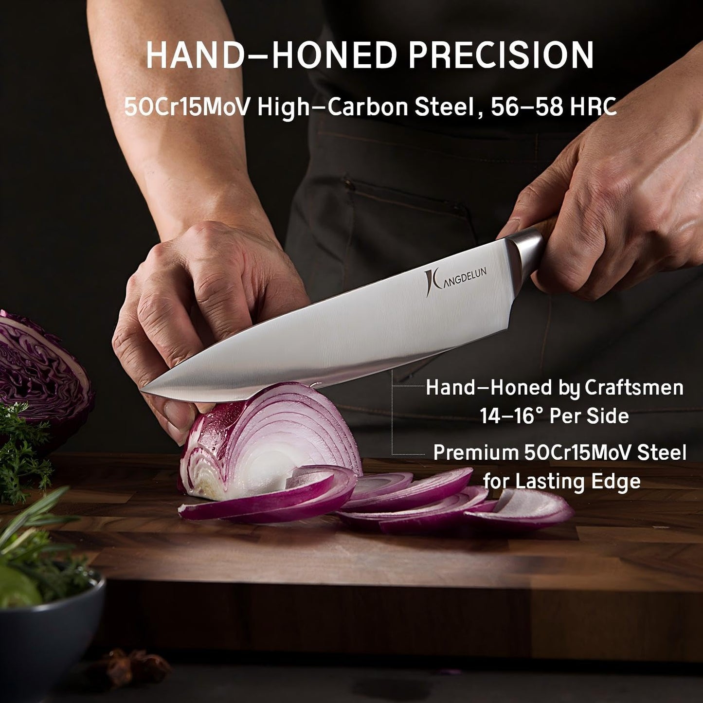 Kangdelun Ultra Sharp 15-Piece Knife Set, 50Cr15MoV High-Carbon Stainless Steel, Torrefied Brown Ash Wood Handles, Angled Golden Brown Wood Block, Easy Hand Wash, Gift Box