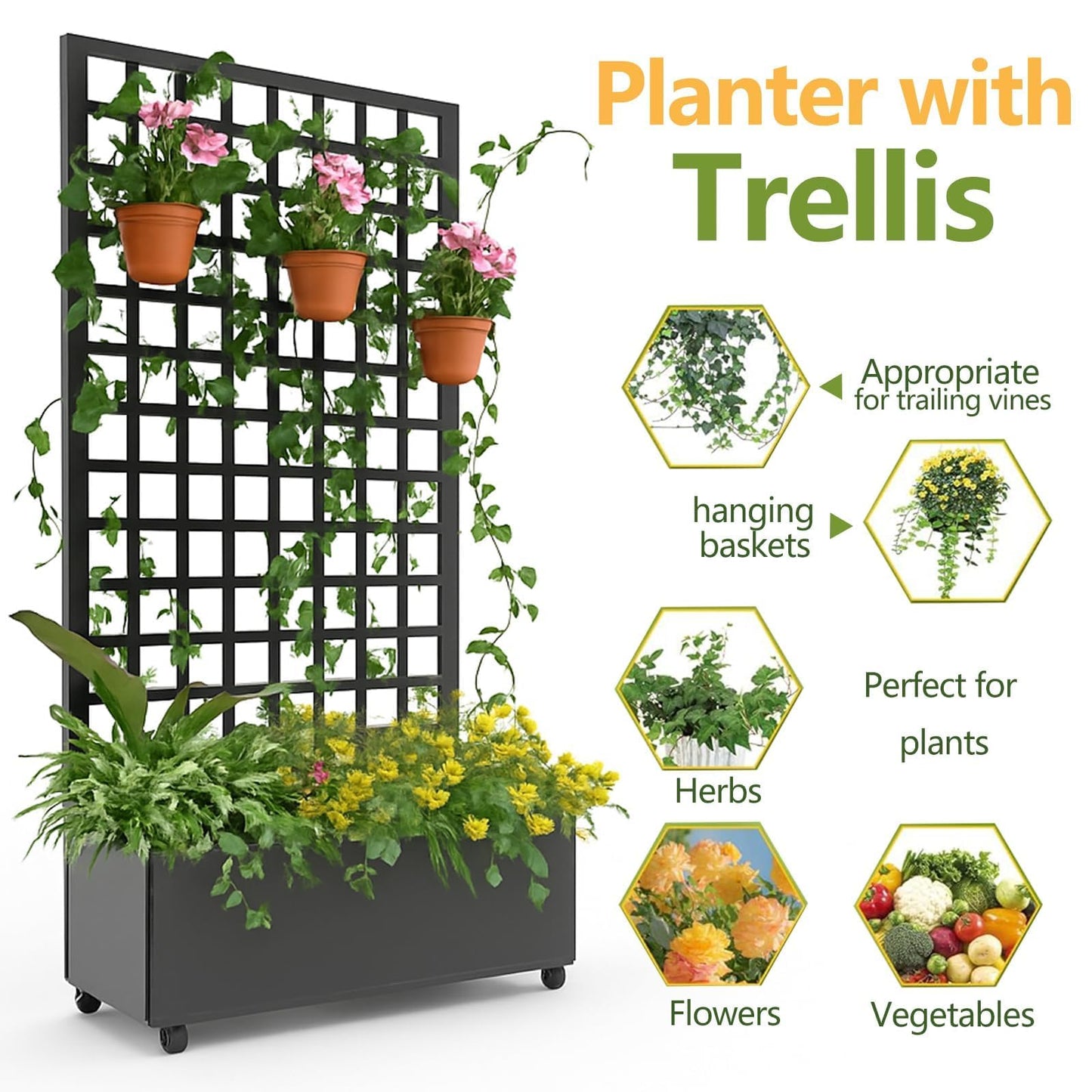 IDEALHOUSE 72"X47" Galvanized Raised Garden Bed with Square Trellis, 12" Deep Planter Box on Locking Wheels, Drainage Holes for Climbing Plants, Flowers, Patio, Balcony & Small Spaces, Black