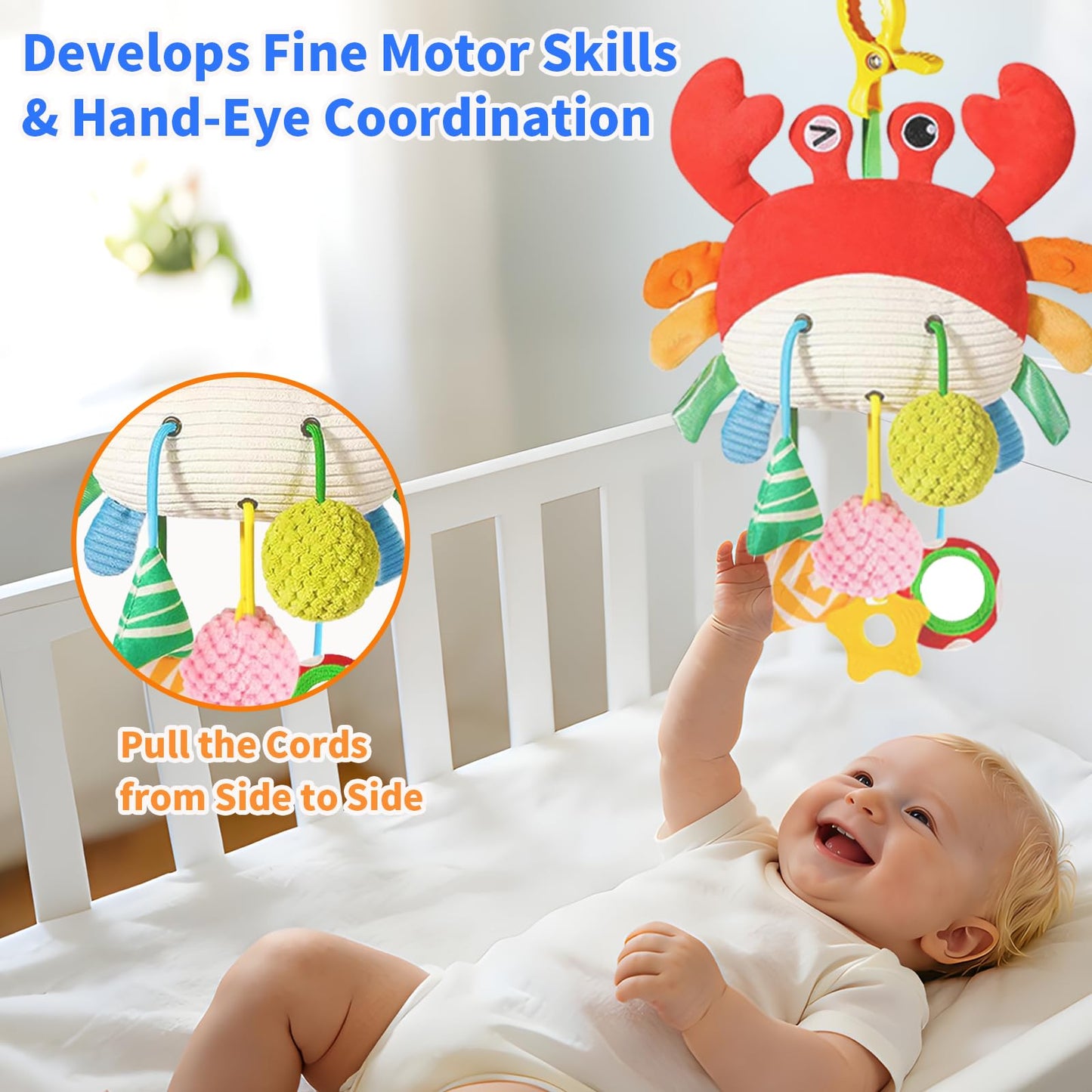 Ivrmtal Car Seat Toys for Babies, Crab Baby Toys 0-6 Months Infant Carseat Hanging Stroller Accessories Sensory Newborn Easter Gift 1 2 3 4 5 6 Month Old Boy Essentials Stuff with Clip, Rattle, Mirror