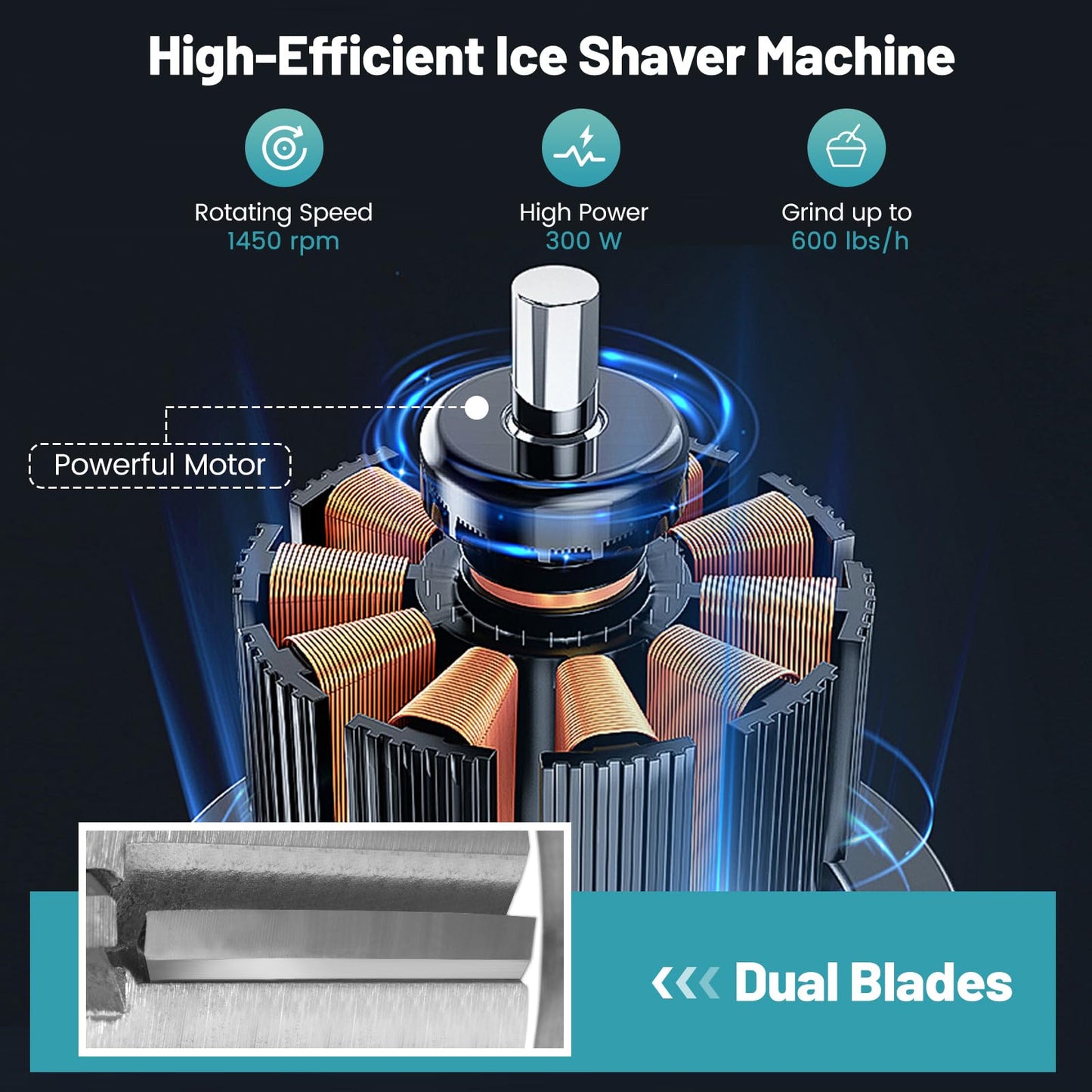 ARLIME Snow Cone Machine, 660 LBS/H 300W Electric Ice Crusher w/Dual Blades & Safety On/Off Switch, ETL-Approved Stainless Steel Commercial Shaved Ice Machine for Home Restaurant Bar, 37L (Grey)