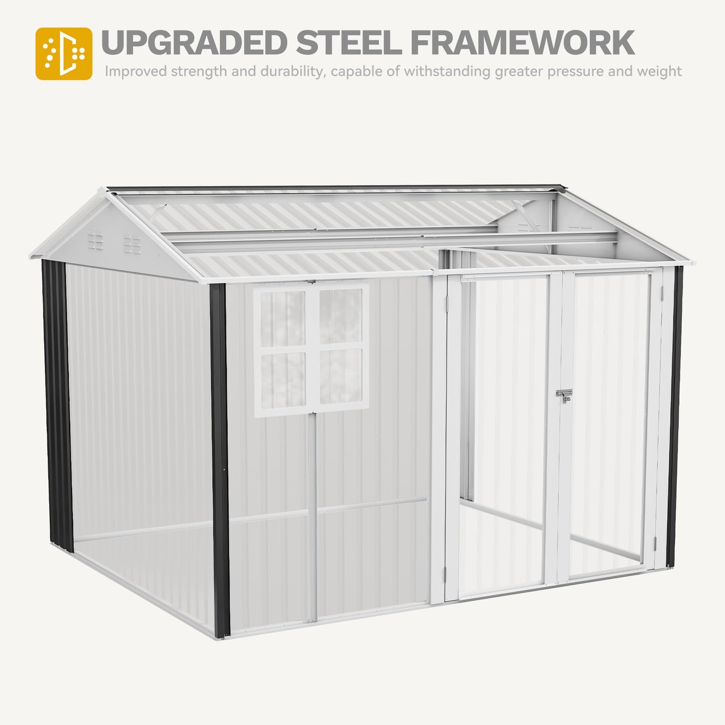 DWVO 10x8ft Large Tool Storage Shed with Window, Lockable Doors, and Sloped Roof, Oversized Steel Outdoor Storage Shed for Garden, Patio, Garage, Backyard, Lawn - Gray & White