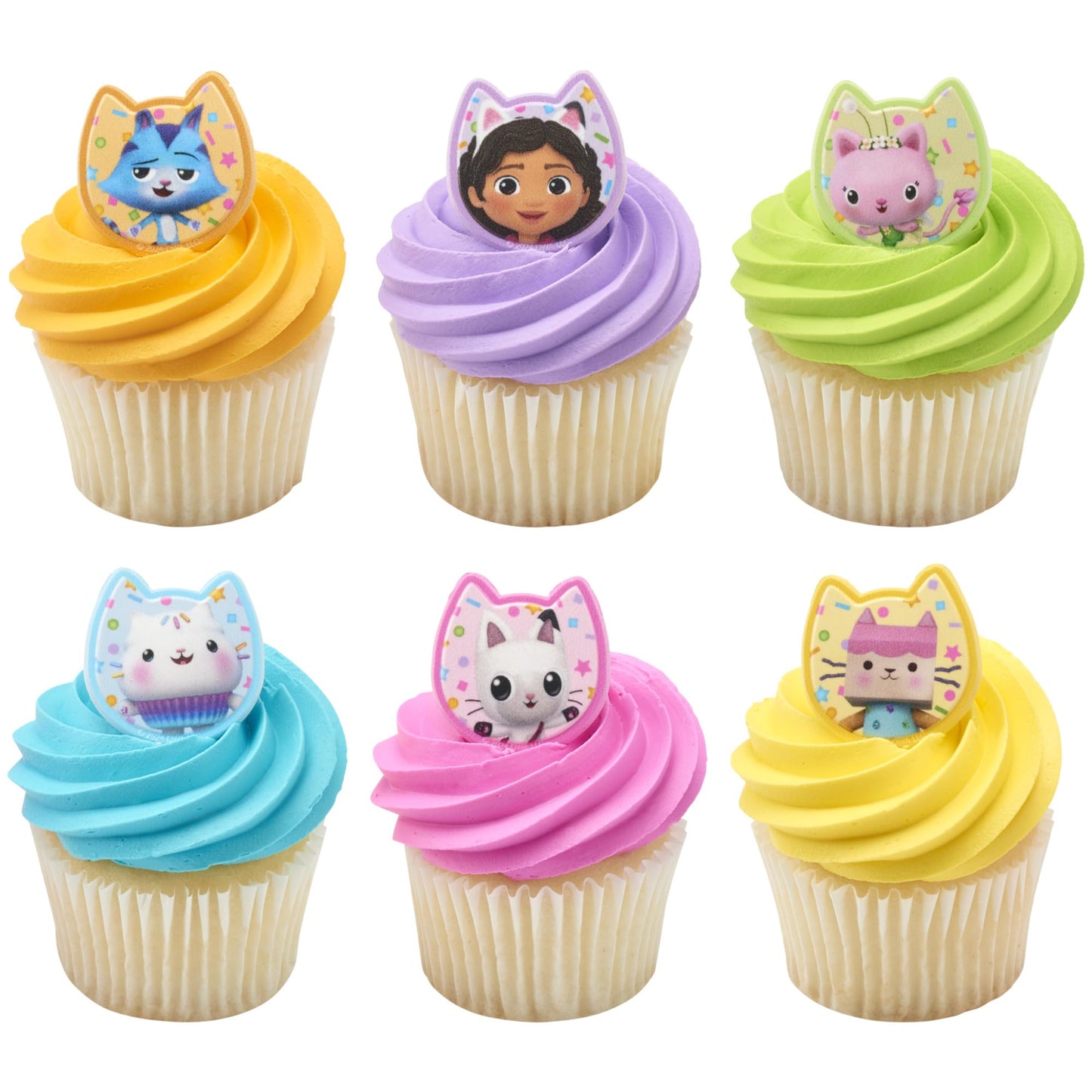 DecoPac DreamWorks Gabby's Dollhouse Rings, 72 Cupcake Decorations Featuring Gabby, Pandy Paws, Irresistible Kitty Characters, and Super Fun Adventures! - 72 Pack